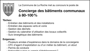 La commune de La Roche recherche un concierge des bâtiments commerciaux à 80-100%
