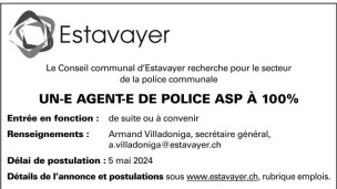 Le Conseil communal d’Estavayer recherche Un-e Agent-e de police ASP