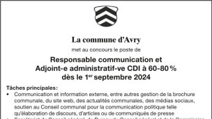 La commune d’Avry recherche Responsable communication et
Adjoint-e administratif-ve CDI 