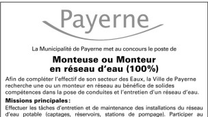 La Municipalité de Payerne recherche Monteuse ou Monteur
en réseau d‘eau