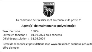 La commue de Cressier recherche un/e agent/e de maintenance polyvalent/e
