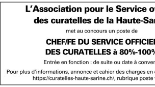 L'Association pour le Service officiel des curatelles de la Haute-Sarine recherche un/e chef/fe du service des curatelles à 80-100%