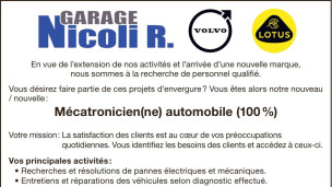 Le Garage Nicoli recherche un/e mécatronicien/ne automobile à 100%
