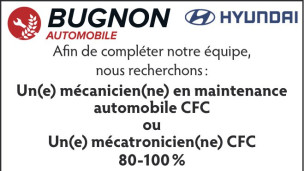Le Garage Bugnon recherche un/e mécanicien/ne en maintenance automobile CFC ou un/e mécatronicien/ne CFC à 80-100%