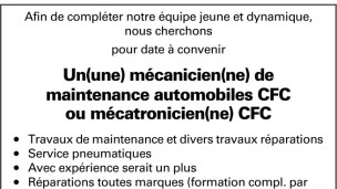 Le Garage de Monséjour recherche un/e mécanicien/ne de maintenance automobiles CFC ou mécatronicien/ne CFC