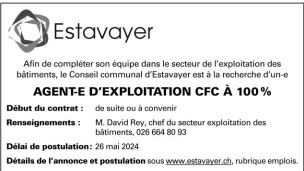 Le Conseil communal d’Estavayer recherche Agent-e d’exploitation