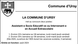 La commune d'Ursy recherche Assistant-e Socio Educatif-ve ou Intervenant-e en Accueil Extrascolaire