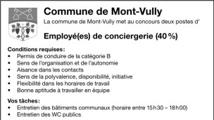 La commune de Mont-Vully recherche Employé(es) de conciergerie