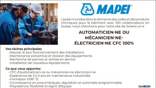 MAPEI recherche un/e automaticien/ne ou mécanicien/ne-électricien/ne CFC à 100%