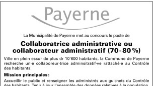 La municipalité de Payerne recherche un/e collaborateur/trice administratif/ve à 70-80%