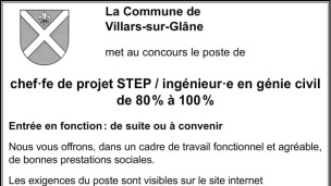 La commune de Villars-sur-Glâne recherche un/e chef/fe de projet STEP / ingénieur/e en génie civil de 80 à 100%