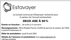 Le Conseil communal d'Estavayer recherche 2 ASE à 50%