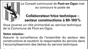 Le conseil communal de Pont-en-Ogoz recherche un/e collaborateur/trice technique à 80-100%